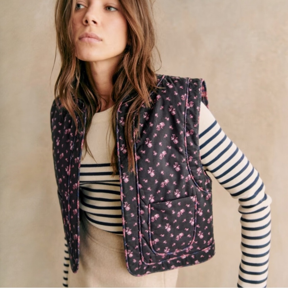 Sezane Tadeo Jacket Quilted Vest in Navy‎ Floral Pink Patchwork